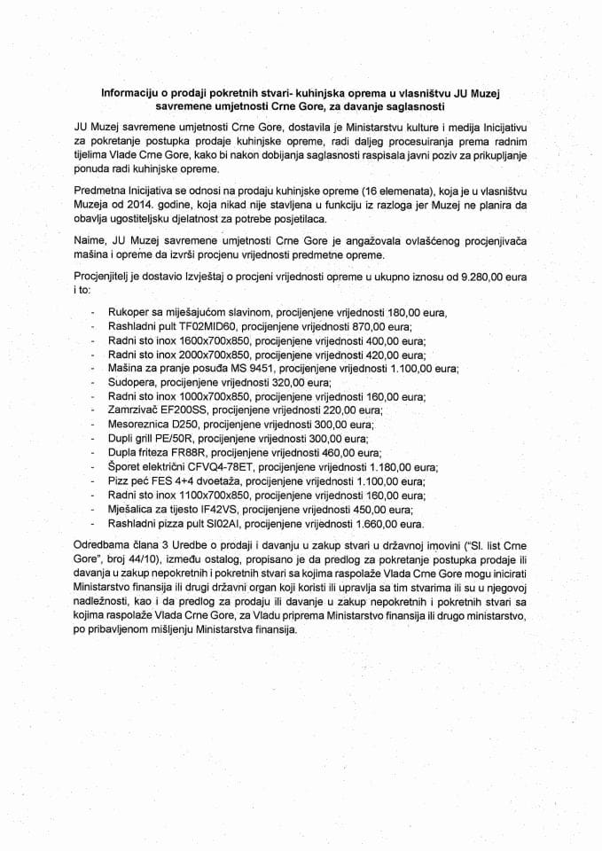 Информација о продаји покретних ствари у власништву ЈУ Музеј савремене умјетности Црне Горе с Нацртом уговора