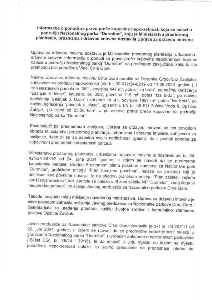 Информација о понуди за право прече куповине непокретности које се налазе у подручју Националног парка „Дурмитор“ (подносилац захтјева Десанка Грбовић)