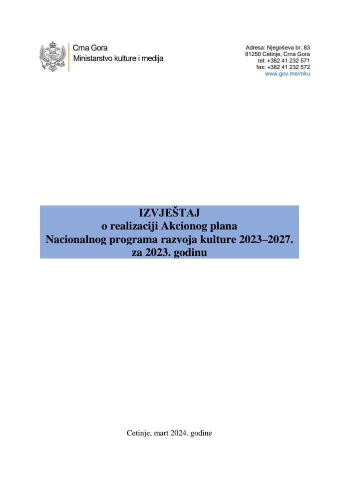 Izvještaj o realizaciji Akcionog plana Nacionalnog programa razvoja kulture 2023–2027. za 2023. godinu