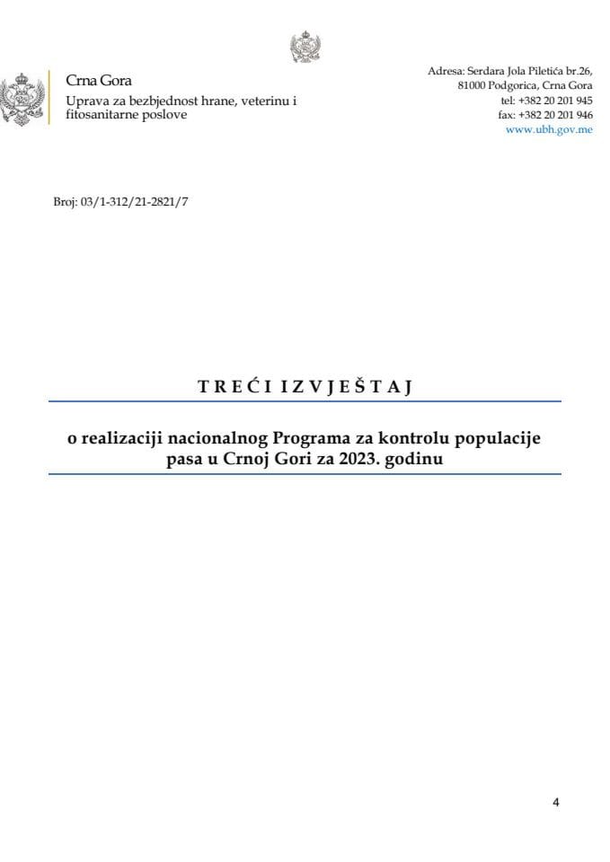 Treći izvještaj o realizaciji nacionalnog Programa za kontrolu populacije pasa u Crnoj Gori za 2023. godinu