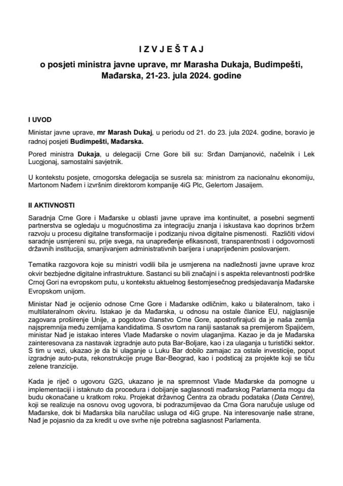 Izvještaj o posjeti ministra javne uprave, mr Marasha Dukaja, Budimpešti, Mađarska, 21−23. jul 2024. godine