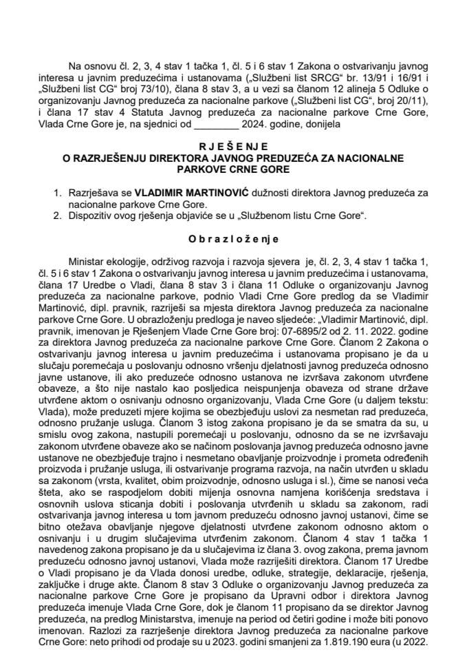Predlog za razrješenje direktora Javnog preduzeća za nacionalne parkove Crne Gore