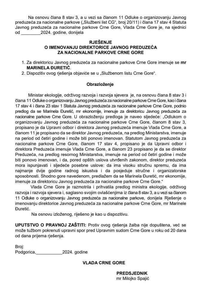 Predlog za imenovanje direktorice Javnog preduzeća za nacionalne parkove Crne Gore