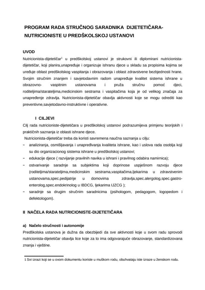 Program rada nutricioniste-dijetetičara