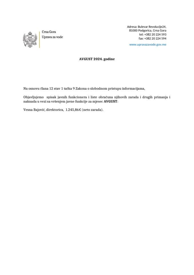 Списак јавних функционера и листе обрачуна њихових зарада и других примања и накнада у вези са вршењем јавне функције АВГУСТ - 2024