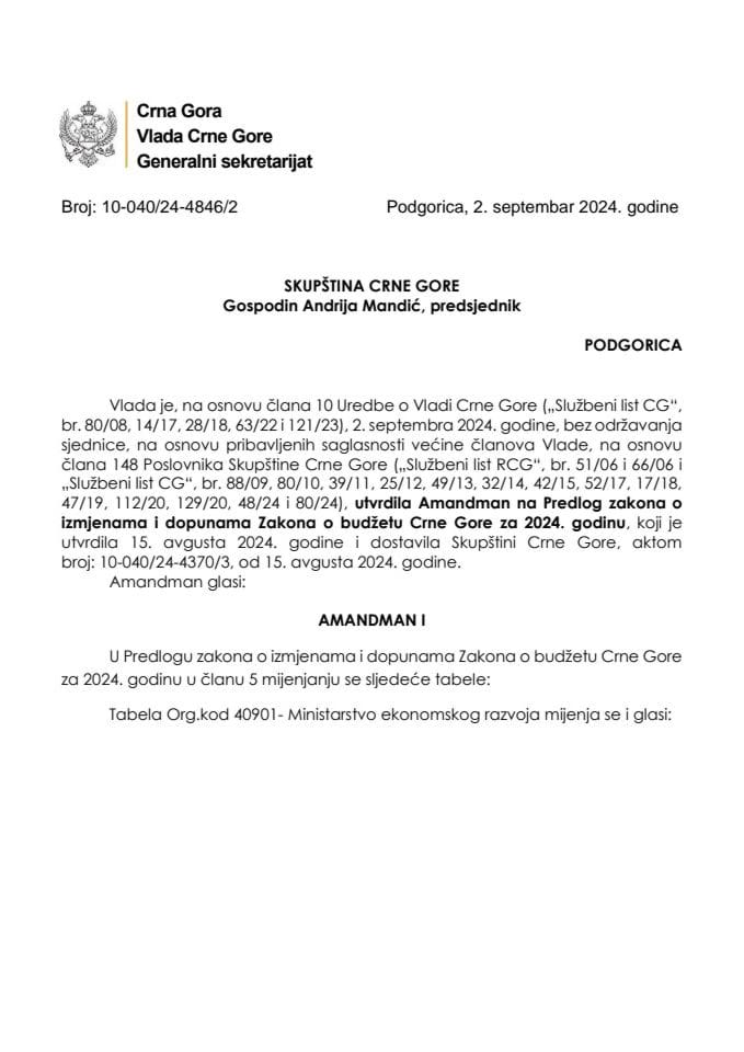 Predlog amandmana na Predlog zakona o izmjenama i dopunama Zakona o budžetu Crne Gore za 2024. godinu - zaključci
