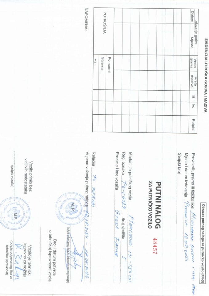 Putni nalozi za period 12. 08. - 18. 08. 2024.