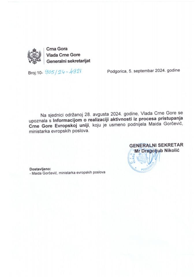 Усмена информација о реализацији активности из процеса приступања Црне Горе Европској унији - закључци