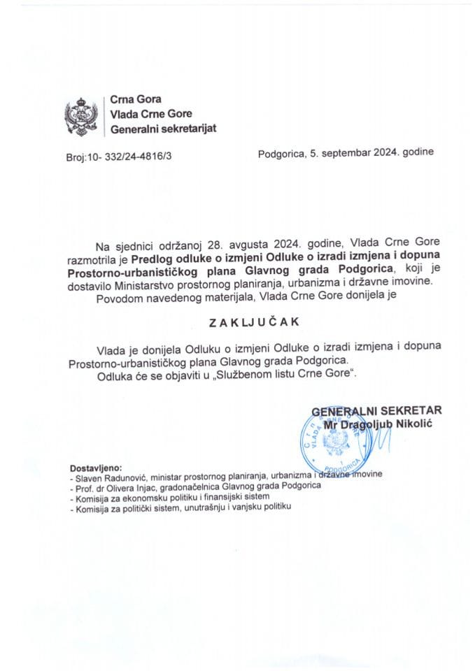 Predlog odluke o izmjeni Odluke o izradi Izmjena i dopuna Prostorno - urbanističkog plana Glavnog grada Podgorica - zaključci