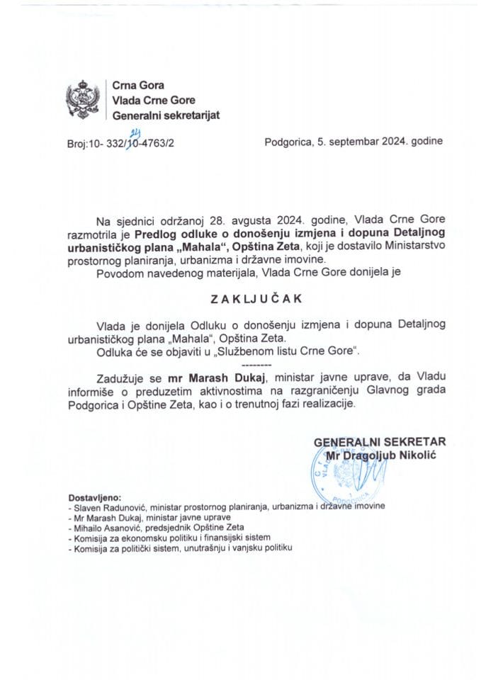 Predlog odluke o donošenju Izmjena i dopuna Detaljnog urbanističkog plana „Mahala“, Opština Zeta - zaključci