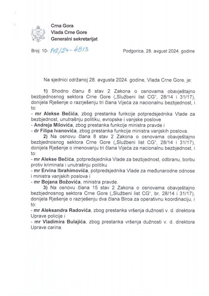 Кадровска питања са 46. сједнице Владе Црне Горе - закључци