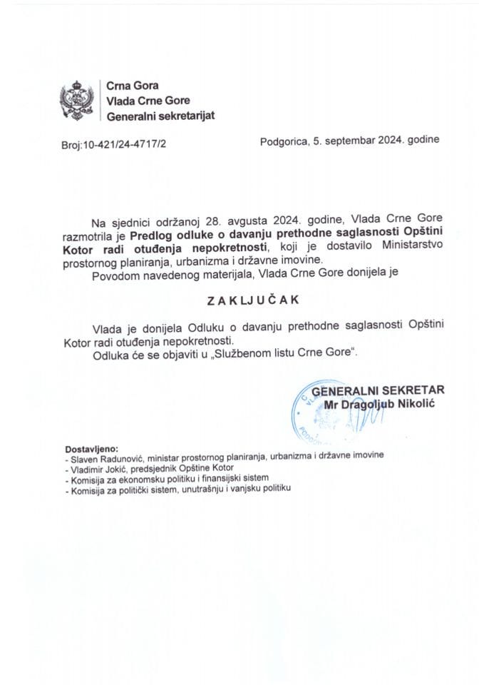 Predlog odluke o davanju prethodne saglasnosti Opštini Kotor radi otuđenja nepokretnosti - zaključci