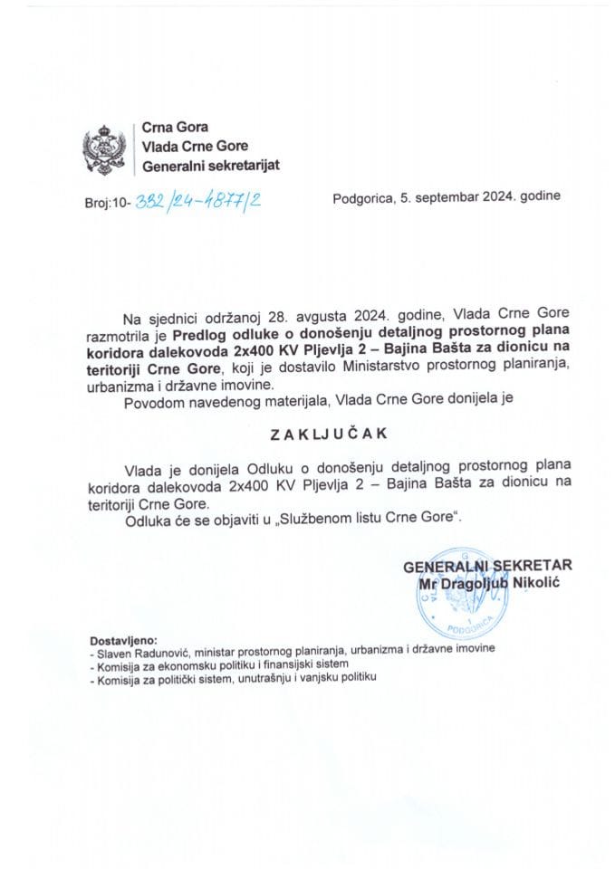 Предлог одлуке о доношењу Детаљног просторног плана коридора далековода 2x400 KV Пљевља 2 - Бајина Башта за дионицу на територији Црне Горе - закључци