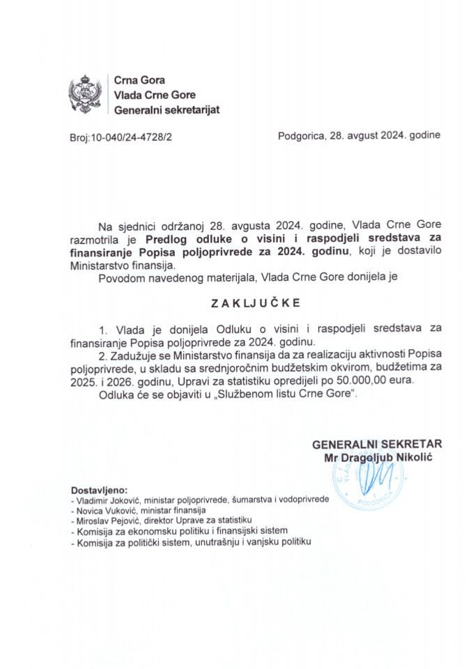 Predlog odluke o visini i raspodjeli sredstava za finansiranje Popisa poljoprivrede za 2024. godinu - zaključci