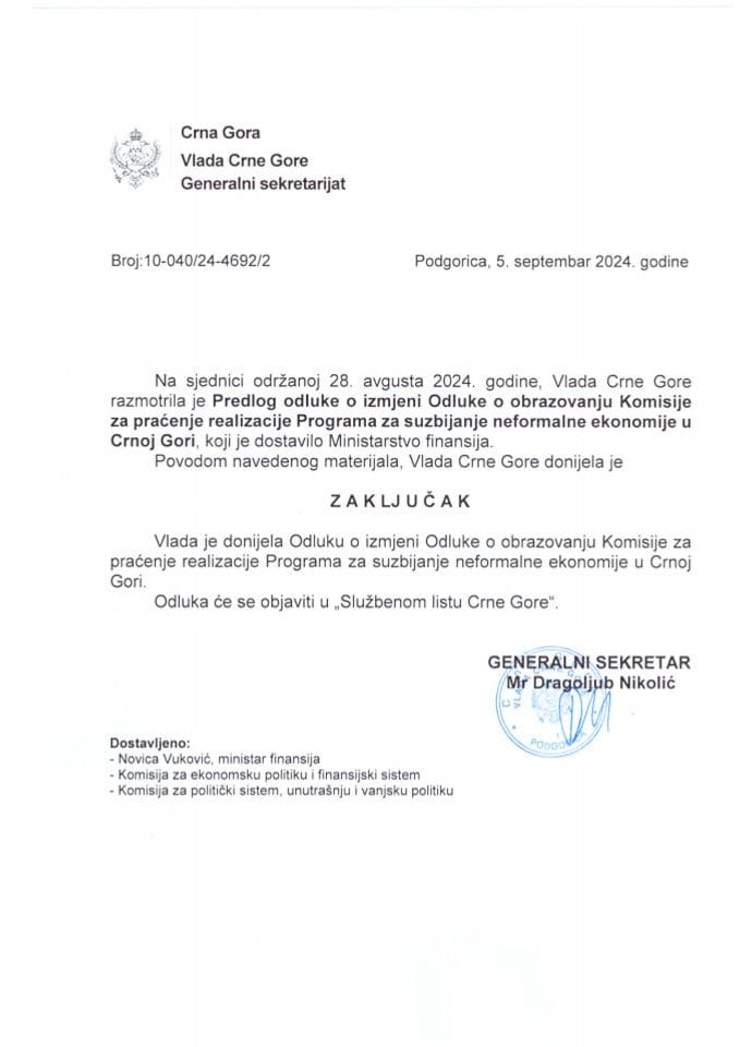 Предлог одлуке о измјени Одлуке о образовању Комисије за праћење реализације Програма за сузбијање неформалне економије у Црној Гори - закључци