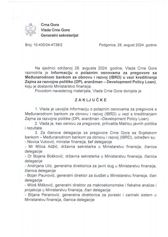Informacija o polaznim osnovama za pregovore sa Međunarodnom bankom za obnovu i razvoj u vezi kreditiranja Zajma za razvojne politike - zaključci