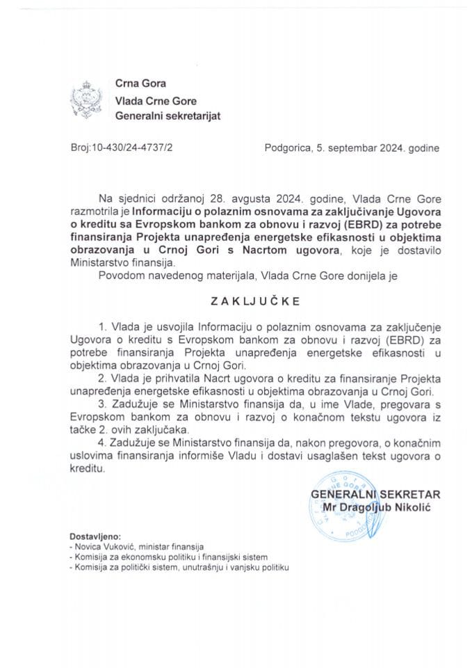 Информација о полазним основама за закључивање Уговора о кредиту са Европском банком за обнову и развој за потребе финансирања Пројекта унапређења енергетске ефикасности у објектима образовања у Црној Гори с Нацртом уговора о кредиту - закључци