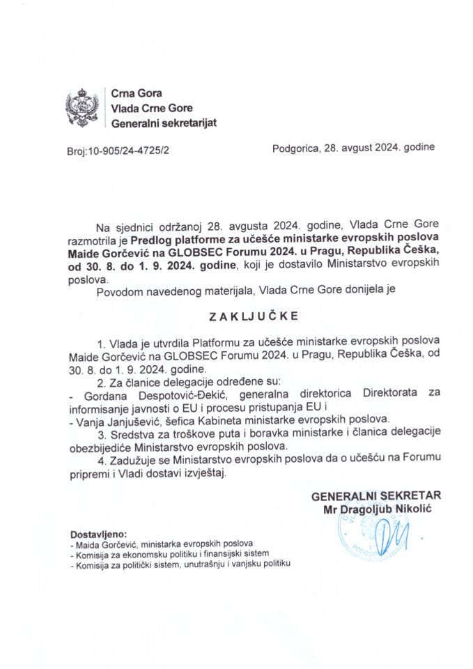 Предлог платформе за учешће министарке европских послова Маиде Горчевић на GLOBSEC Форуму 2024 у Прагу, Република Чешка, 30. 08 - 01. 09. 2024. године - закључци