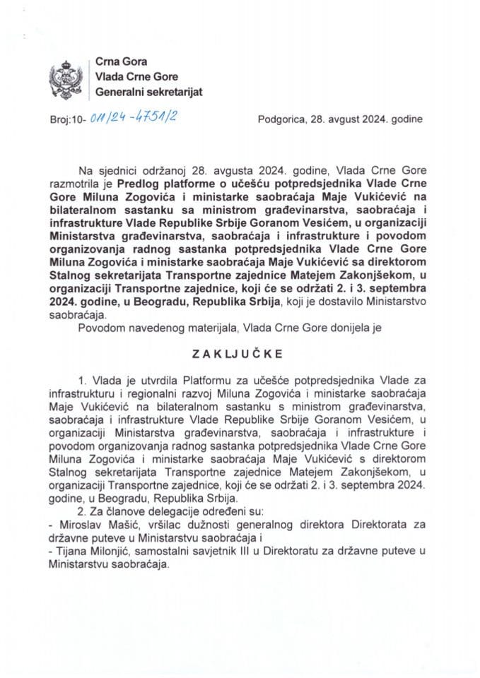 Predlog platforme za učešće potpredsjednika Vlade za vanjske i evropske poslove dr Filipa Ivanovića na Bledskom strateškom forumu, Bled, Republika Slovenija, 2-3. septembar 2024. godine - zaključci