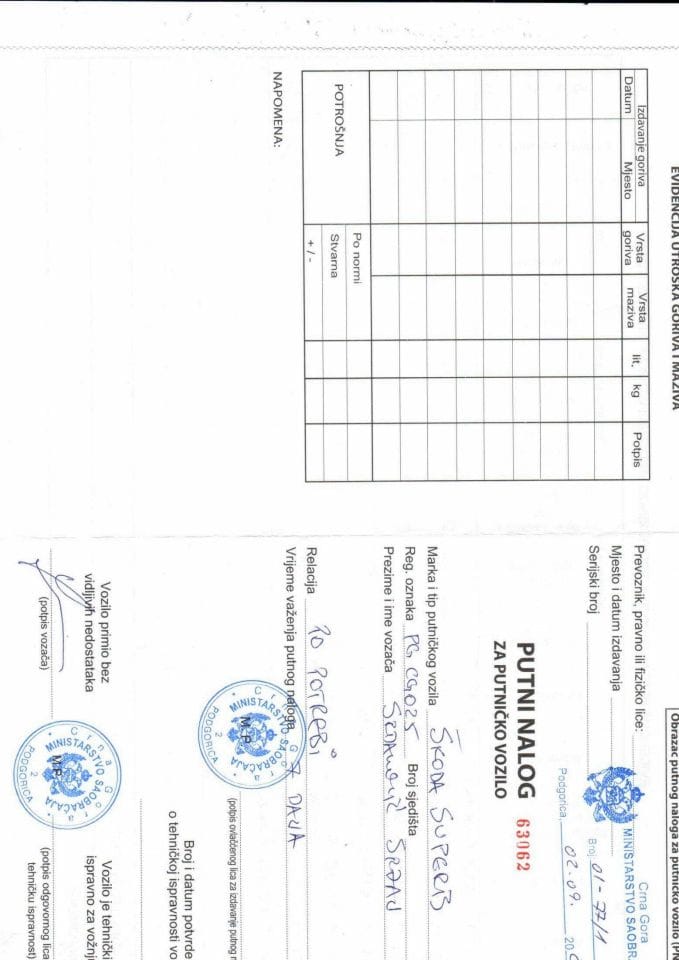 Putni nalozi - PN Obrazac za period od 02.09. - 08.09.2024. godine