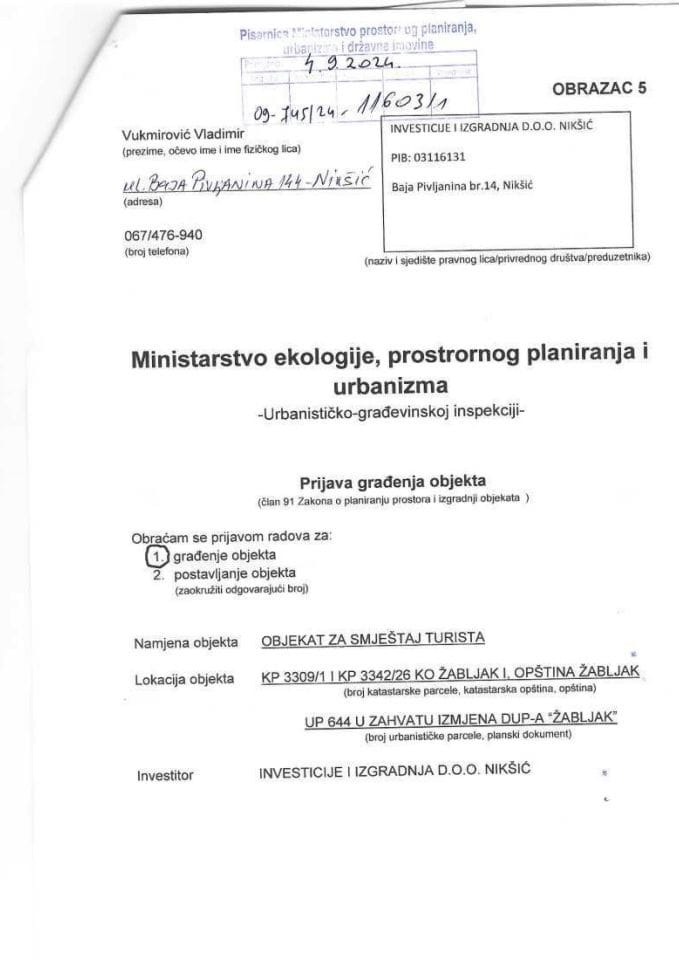 Prijava građenja objekta - INVESTICIJE I IZGRADNJA DOO 09-745-24-11603-1