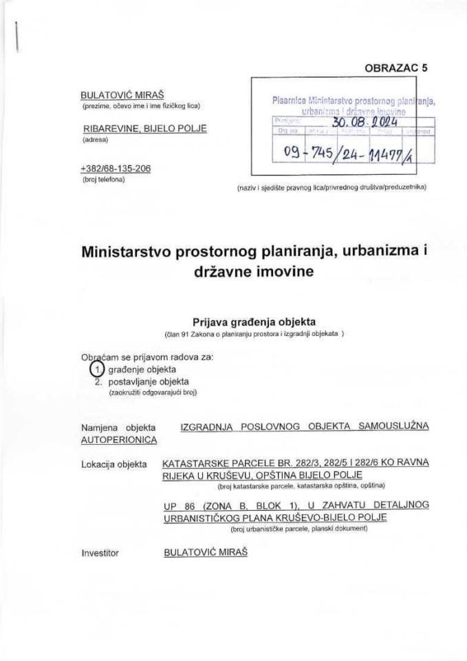 Prijava građenja objekta - BULATOVIĆ MIRAŠ 09-745-24-11477-1