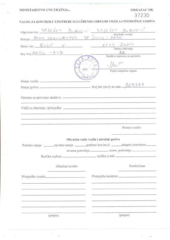 Putni nalozi MUP-a za period 2-8.9.2024.g.