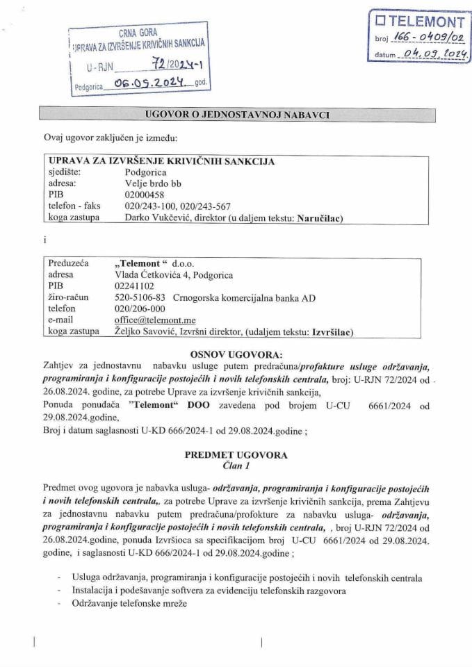 Ugovor o jednostavnoj nabavci, Telemont DOO