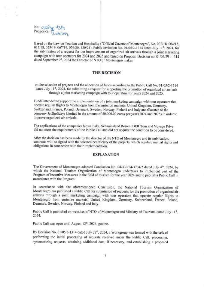 The Decision on the selection of projects and the allocation of funds according to the Public Call for submitting a request for supporting the promotion of organized air arrivals through a joint marketing campaign with tour operators