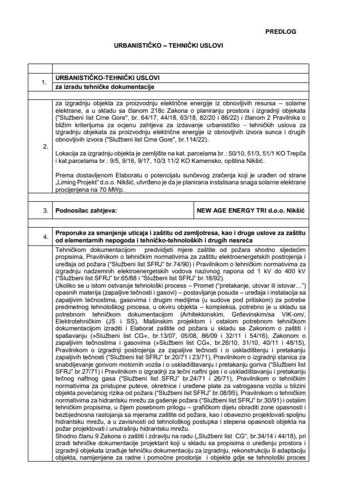 Предлог урбанистичко техничких услова за израду техничке документације за изградњу објекта за производњу електричне енергије из обновљивих ресурса – соларне електране, по захтјеву NEW AGE ENERGY TRI д.о.о. Никшић