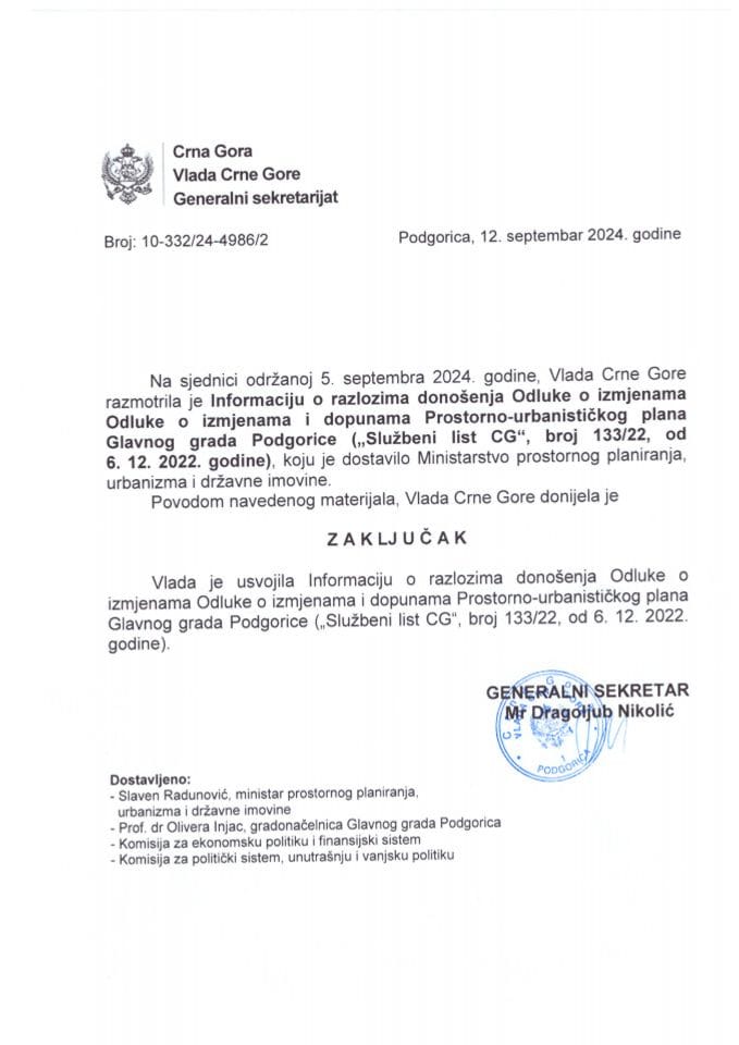 Informacija o razlozima donošenja Odluke o izmjenama Odluke o izmjenama i dopunama Prostorno urbanističkog plana Glavnog grada Podgorice („Službeni list CG“, broj 133/22 od 06.12.2022. godine) - zaključci