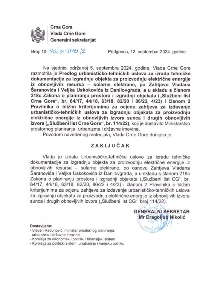 Predlog urbanističko-tehničkih uslova za izradu tehničke dokumentacije za izgradnju objekta za proizvodnju električne energije iz obnovljivih resursa – solarne elektrane, po zahtjevu Vladana Šaranovića i Veljka Uskokovića iz Danilovgrada - zaključci