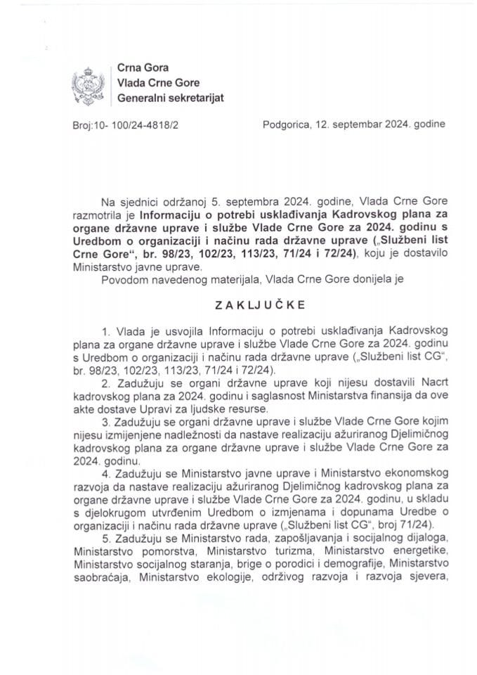 Informacija o potrebi usklađivanja Kadrovskog plana za organe državne uprave i službe Vlade Crne Gore za 2024. godinu sa Uredbom o organizaciji i načinu rada državne uprave („Službeni list CG“, br. 98/23, 102/23, 113/23, 71/24 i 72/24) - zaključci