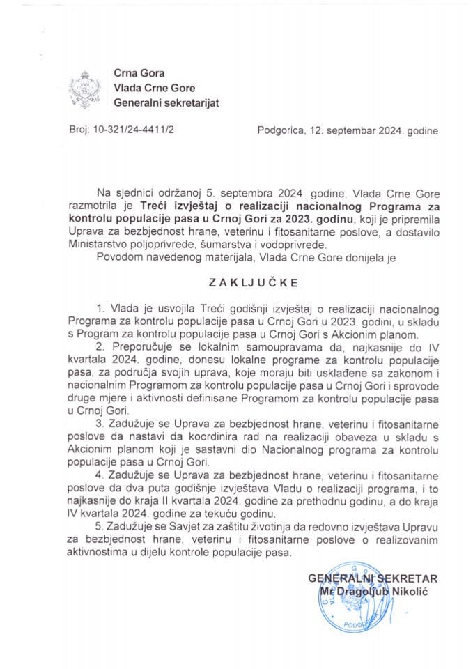 Treći izvještaj o realizaciji nacionalnog Programa za kontrolu populacije pasa u Crnoj Gori za 2023. godinu - zaključci