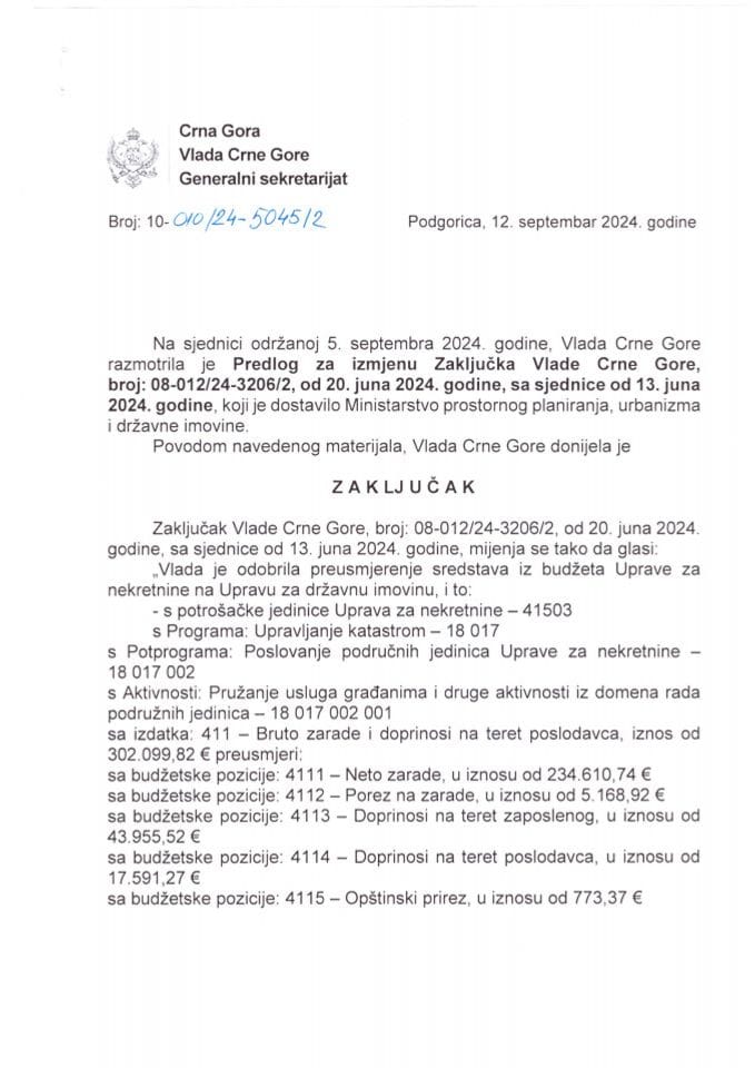 Predlog za izmjenu Zaključka Vlade Crne Gore, broj: 08-012/24-3206/2, od 20. juna 2024. godine, sa sjeenice od 13. juna 2024. godine - zaključci