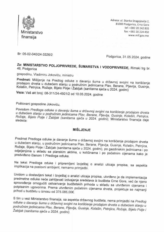 Predlog odluke o davanju šuma u drž. svojini na korišćenje prodajom drveta u dubećem stanju u područnim jedinicama PL, BA, PV, GS, KL, PT, RO, BP i ŽB - mišljenje Min. fin