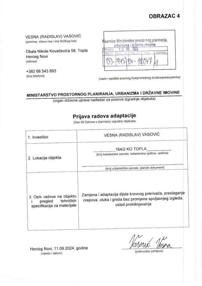 Prijava radova adaptacije - VESNA VASOVIĆ 09-745-24-12047-1