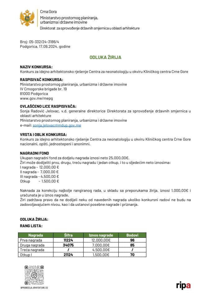 Rezultati nacionalnog Konkursa za idejno arhitektonsko Centra za neonatologiju u okviru Kliničkog centra Crne Gore 01_Odluka žirija