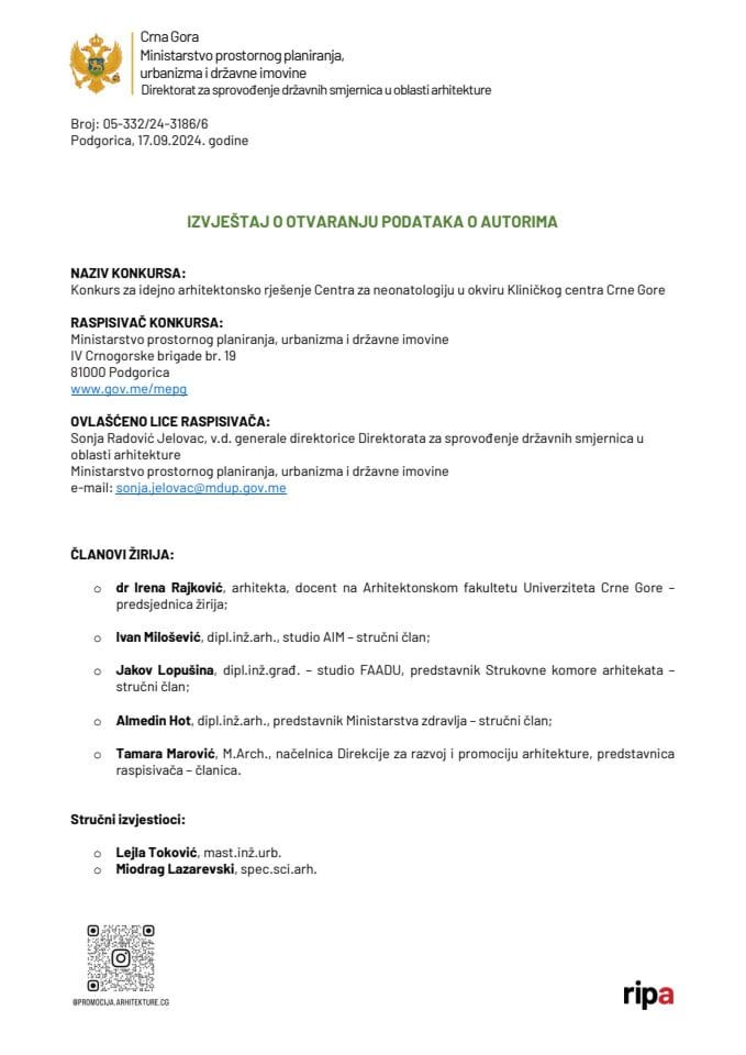 Резултати националног Конкурса за идејно архитектонско Центра за неонатологију у оквиру Клиничког центра Црне Горе 03_Извјештај о отварању података о ауторима