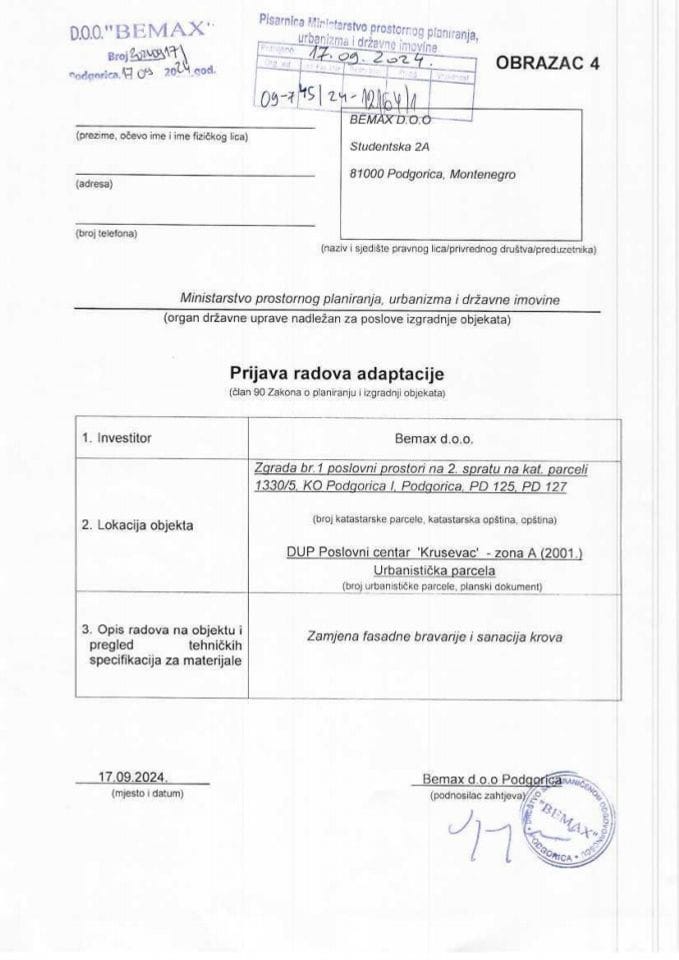 Prijava radova adaptacije - BEMAX DOO 09-745-24-12164-1