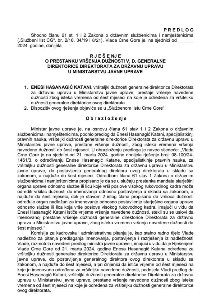 Predlog za prestanak vršenja dužnosti v.d. generalne direktorice Direktorata za državnu upravu u Ministarstvu javne uprave