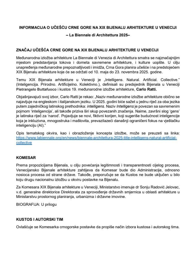 Информација о учешћу Црне Горе на XIX Бијеналу архитектуре у Венецији