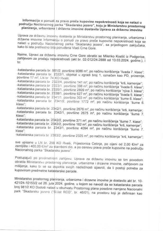 Информација о понуди за право прече куповине непокретности које се налазе у подручју Националног парка „Скадарско језеро” (подносилац захтјева Миленко Костић)