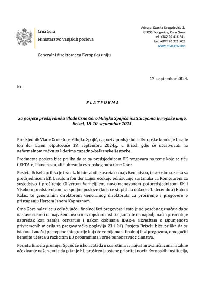 Predlog platforme za posjetu predsjednika Vlade Crne Gore Milojka Spajića institucijama Evropske unije, Brisel, 18-20. septembar 2024. godine