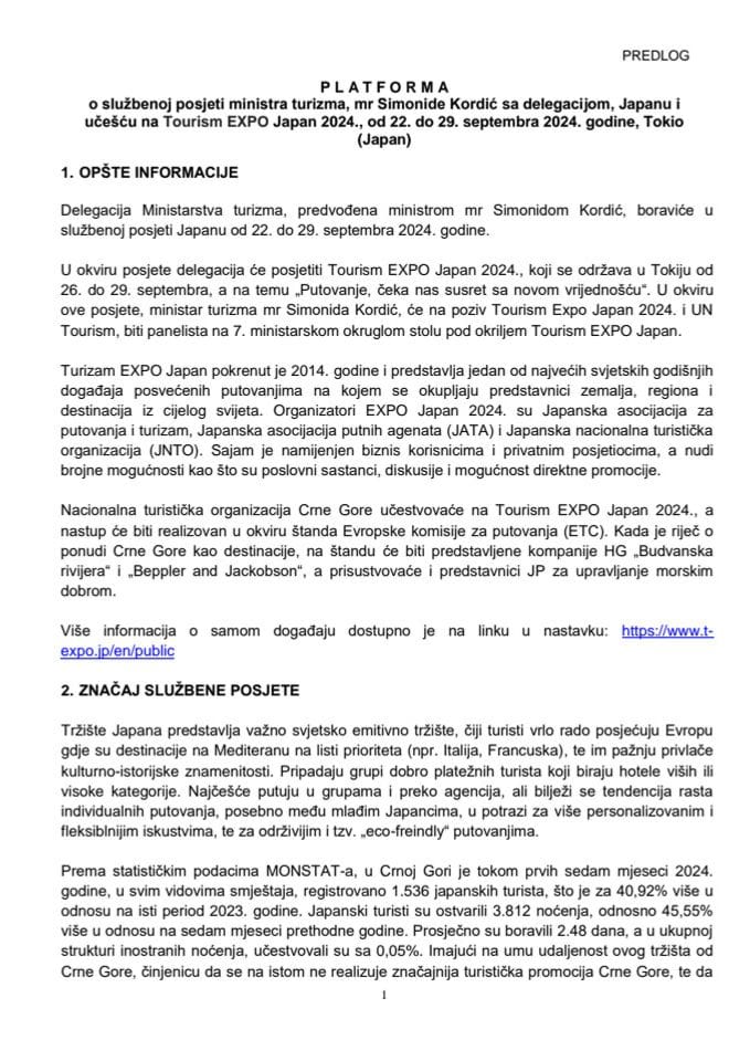 Predlog platforme o službenoj posjeti ministarke turizma, mr Simonide Kordić sa delegacijom, Japanu i učešću na Tourism EXPO Japan 2024, od 22. do 29. septembra 2024. godine, Tokio, Japan