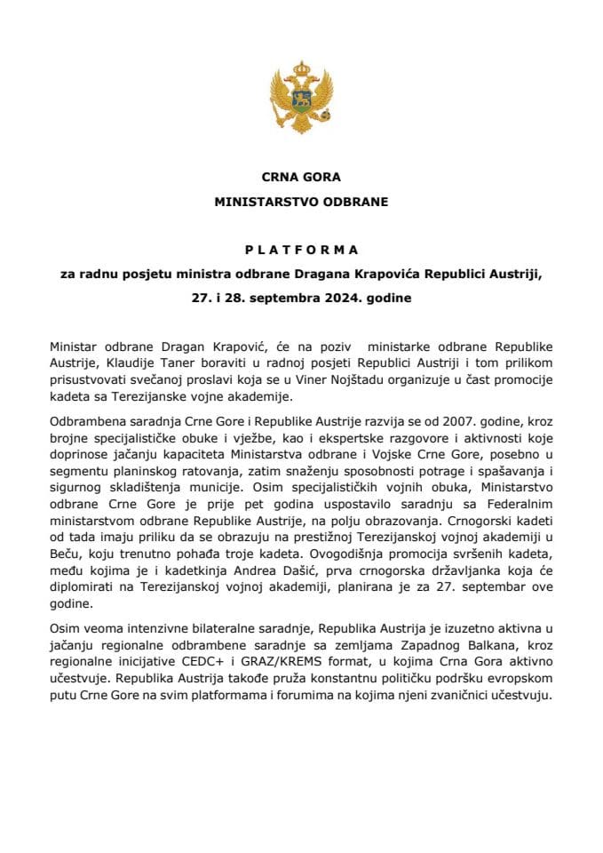 Predlog platforme za radnu posjetu ministra odbrane Dragana Krapovića Republici Austriji, 27. i 28. septembra 2024. godine