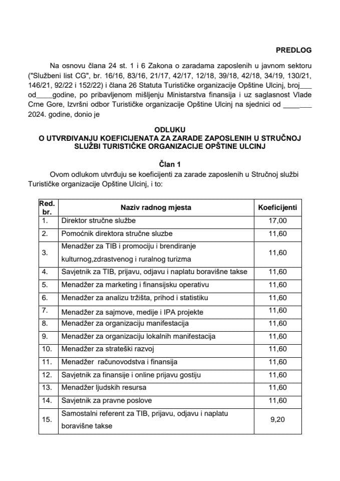 Предлог одлуке о утврђивању коефицијената за зараде запослених у Стручној служби Туристичке организације Општине Улцињ