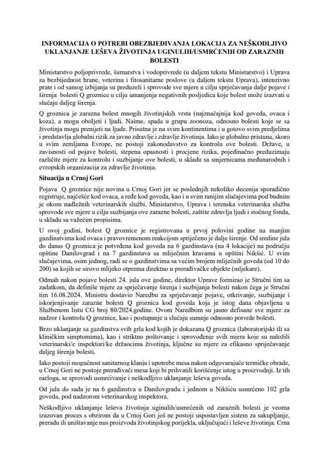 Informacija o potrebi obezbjeđivanja lokacija za neškodljivo uklanjanje leševa životinja uginulih/usmrćenih od zaraznih bolesti