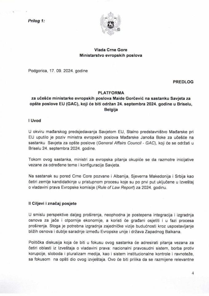 Predlog platforme za učešće ministarke evropskih poslova Maide Gorčević na sastanku Savjeta za opšte poslove EU (GAC), koji će biti održan 24. septembra 2024. godine, u Briselu