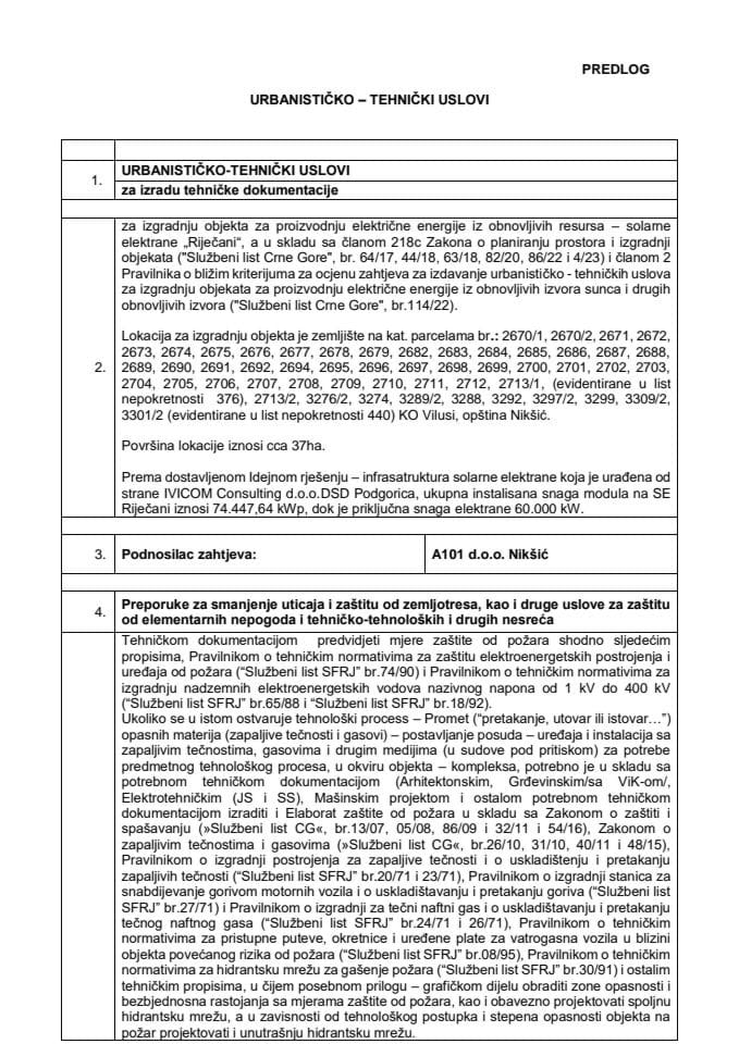 Predlog urbanističko tehničkih uslova za izradu tehničke dokumentacije za izgradnju objekta za proizvodnju električne energije iz obnovljivih resursa – solarne elektrane